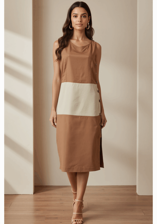 VESTIDO 2 CORES BOTÃO 2 VESTIDO BICOLOR MIDI